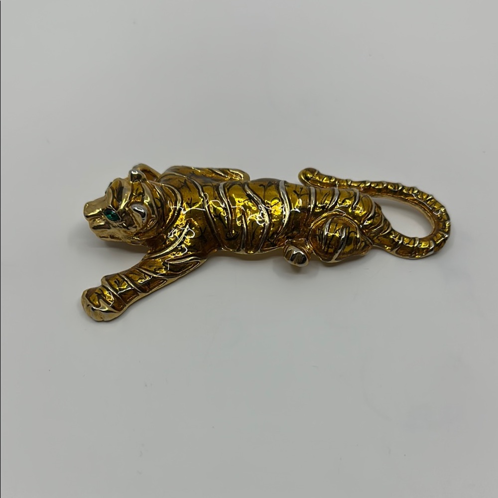 Huge Goldtone Jaguar Tiger Green Rhinestone Eye Brooch